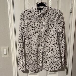 Express Men's White Button-Down Shirt with Red and Black Floral Print